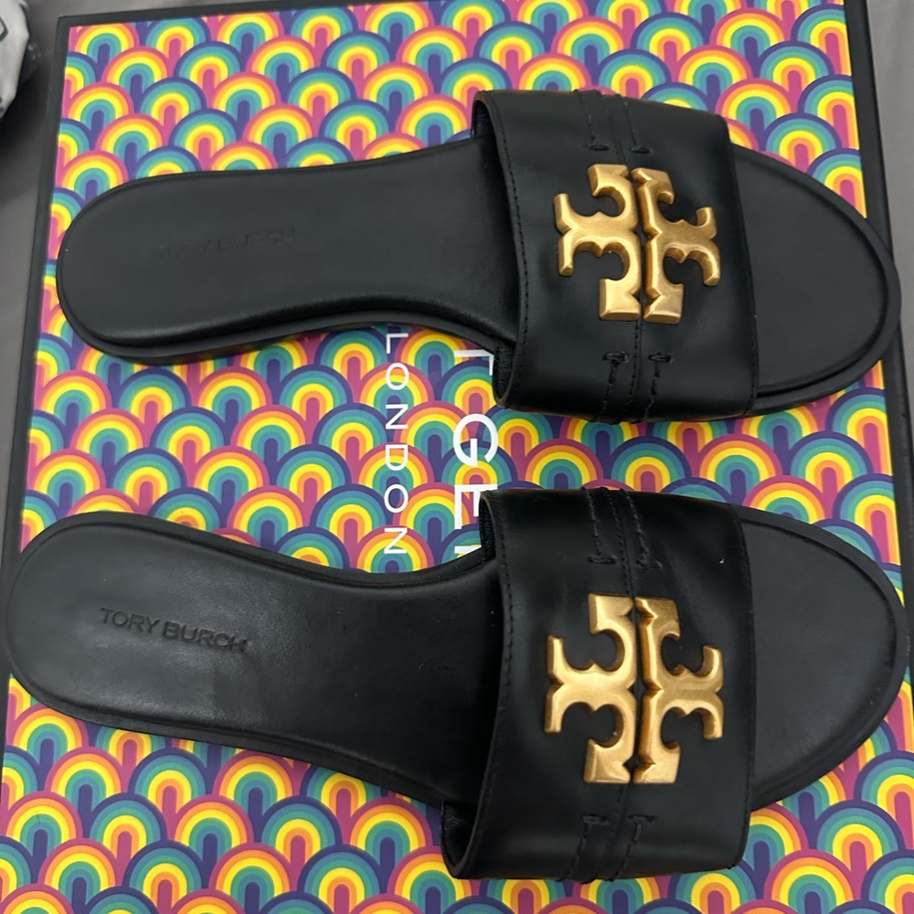 Tory Burch Black Slides with Gold Emblem